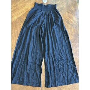 Anrabess Pants Womens Large Black Wide Leg Linen Blend Pull On Pockets Casual